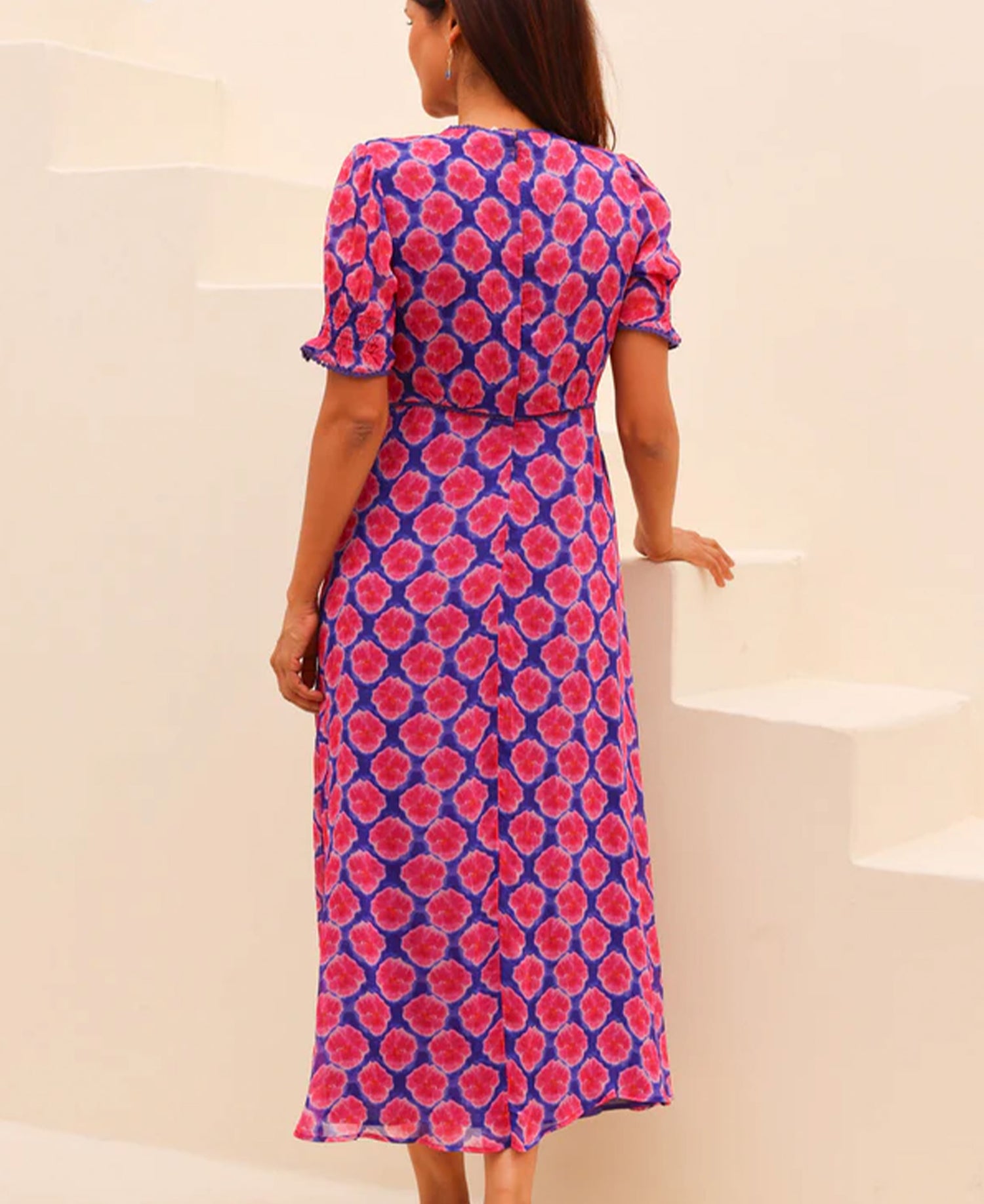 Short Sleeve Sally Anne Dress - Blue/Pink Bloom
