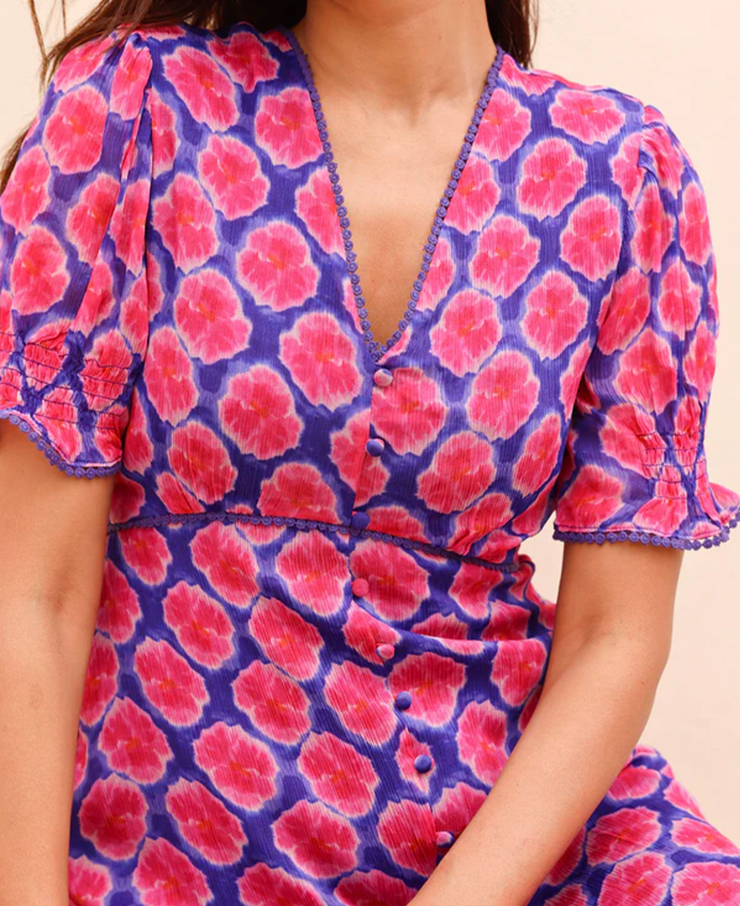 Short Sleeve Sally Anne Dress - Blue/Pink Bloom