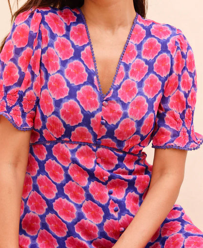 Short Sleeve Sally Anne Dress - Blue/Pink Bloom