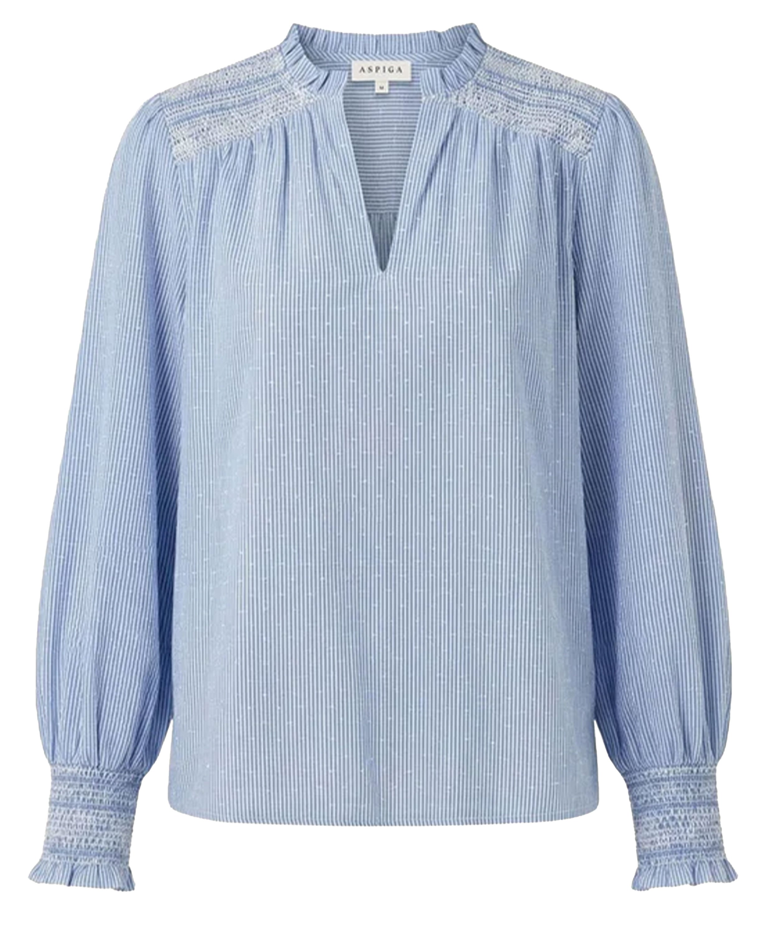 Smocked Stripe Dobby Organic Cotton Blouse - Blue/White Stripe