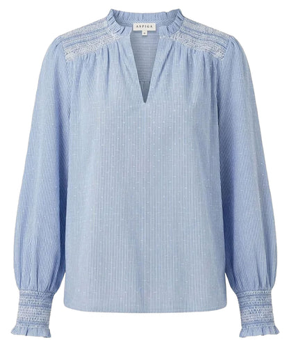 Smocked Stripe Dobby Organic Cotton Blouse - Blue/White Stripe