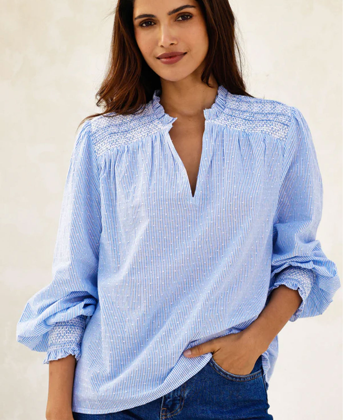Smocked Stripe Dobby Organic Cotton Blouse - Blue/White Stripe