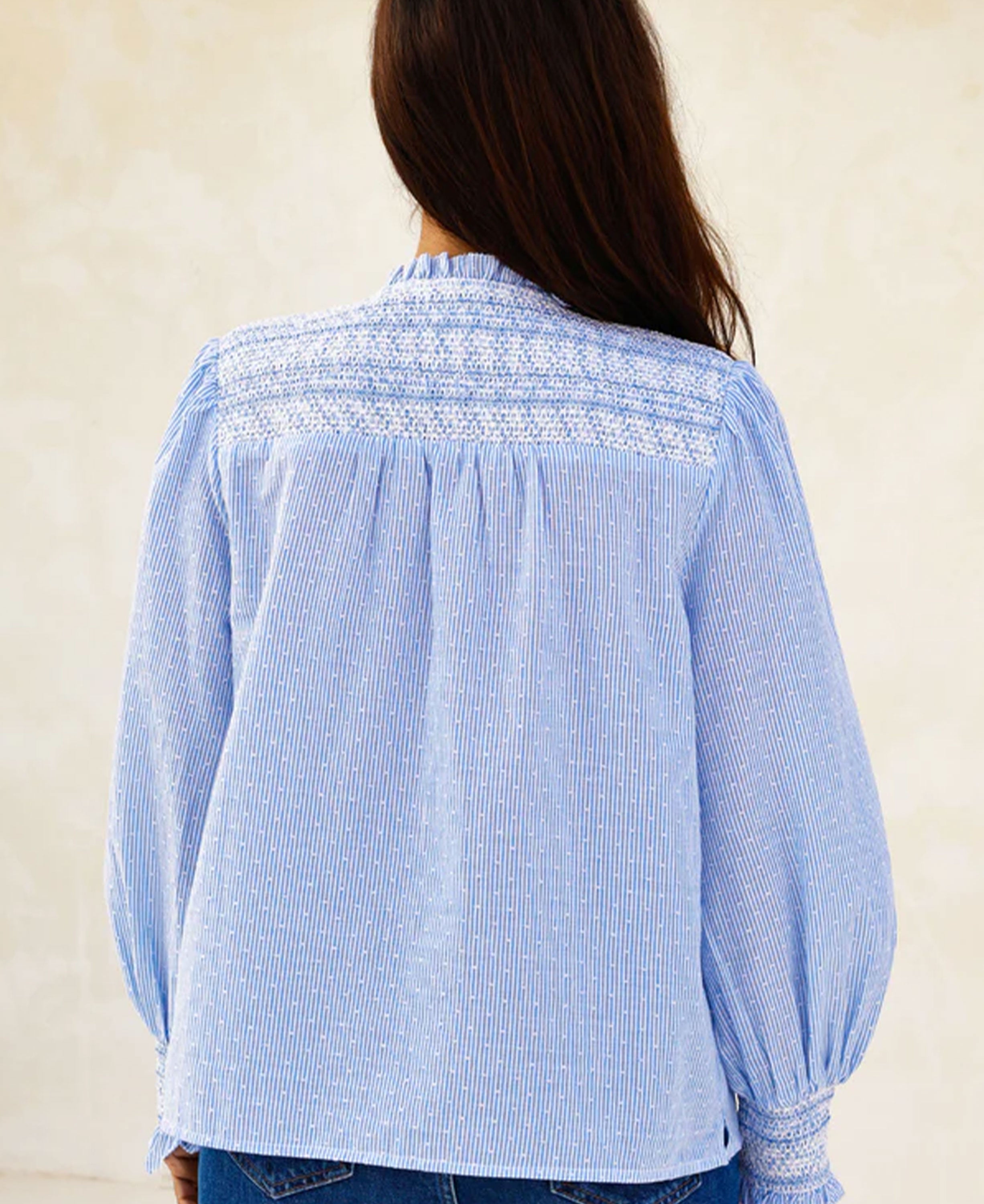 Smocked Stripe Dobby Organic Cotton Blouse - Blue/White Stripe