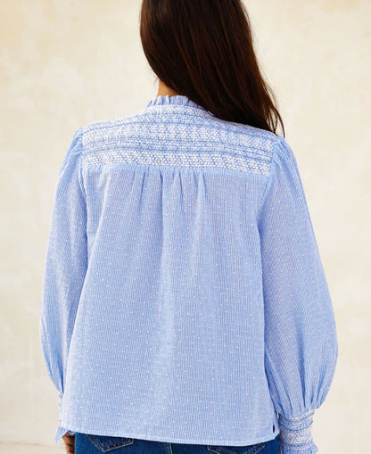 Smocked Stripe Dobby Organic Cotton Blouse - Blue/White Stripe