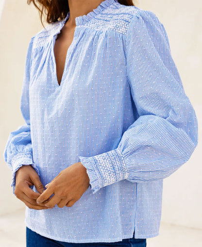 Smocked Stripe Dobby Organic Cotton Blouse - Blue/White Stripe