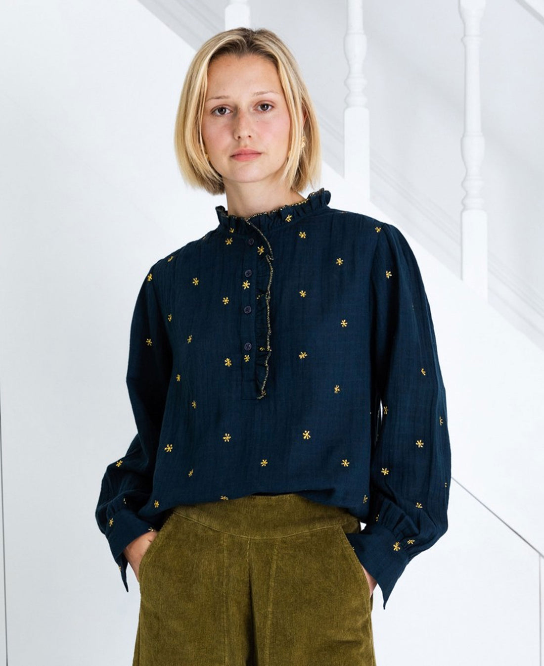 Anais Frill Placket Blouse - Midnight