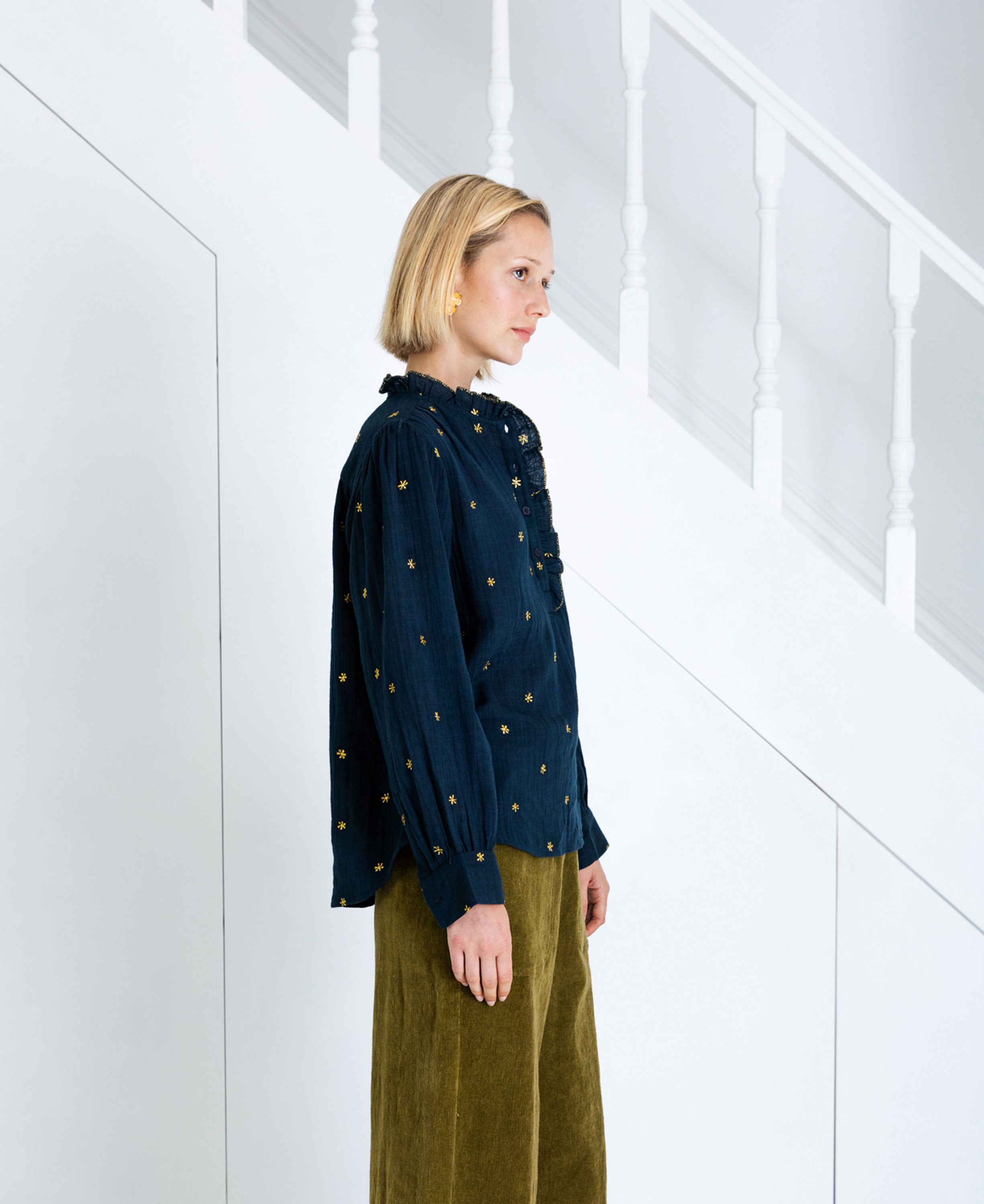 Anais Frill Placket Blouse - Midnight