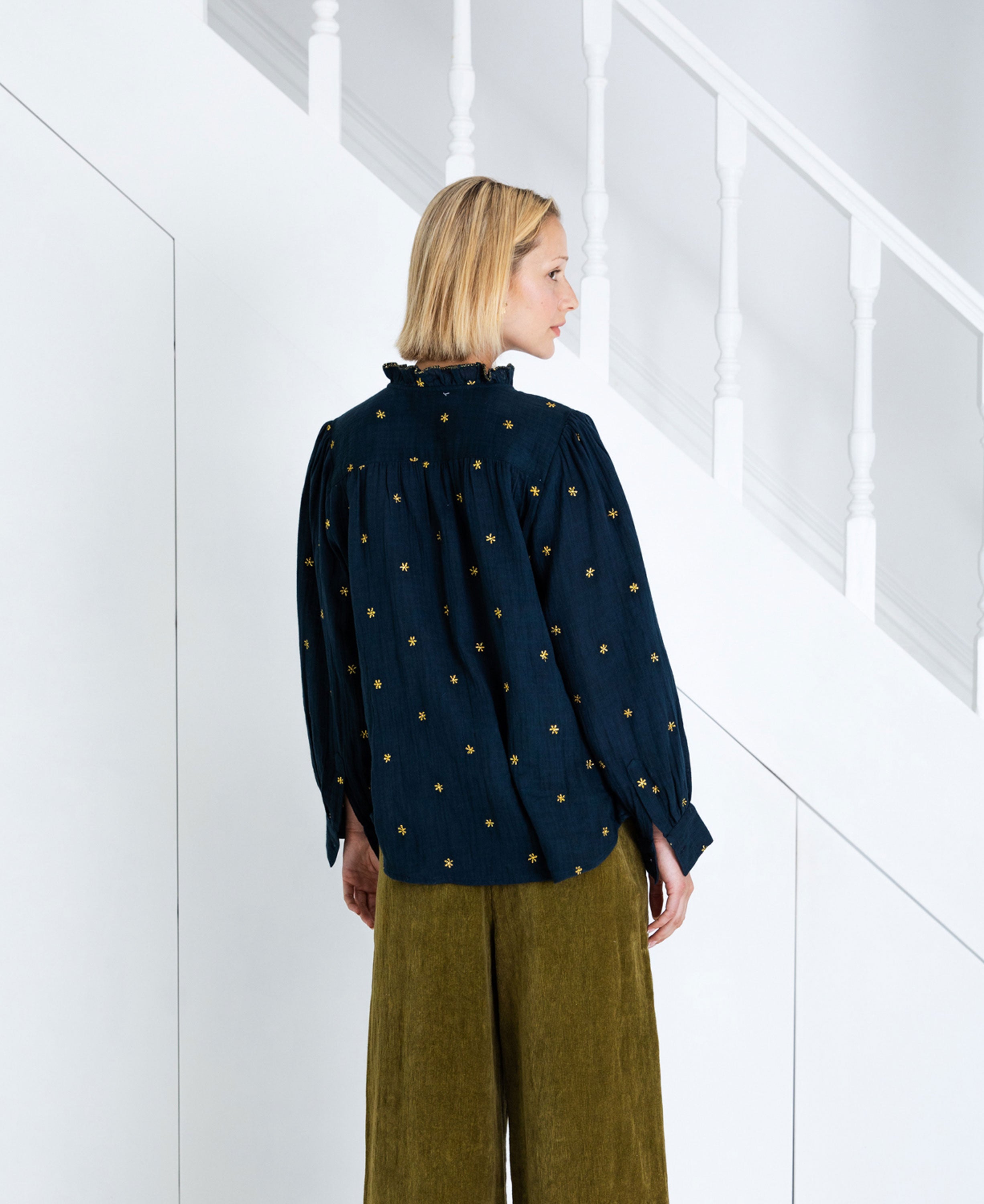Anais Frill Placket Blouse - Midnight