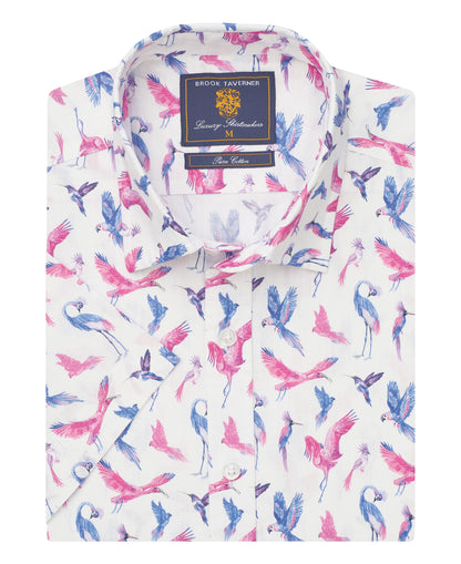 Bird Print Short Sleeve Shirt Regular Fit - Pink