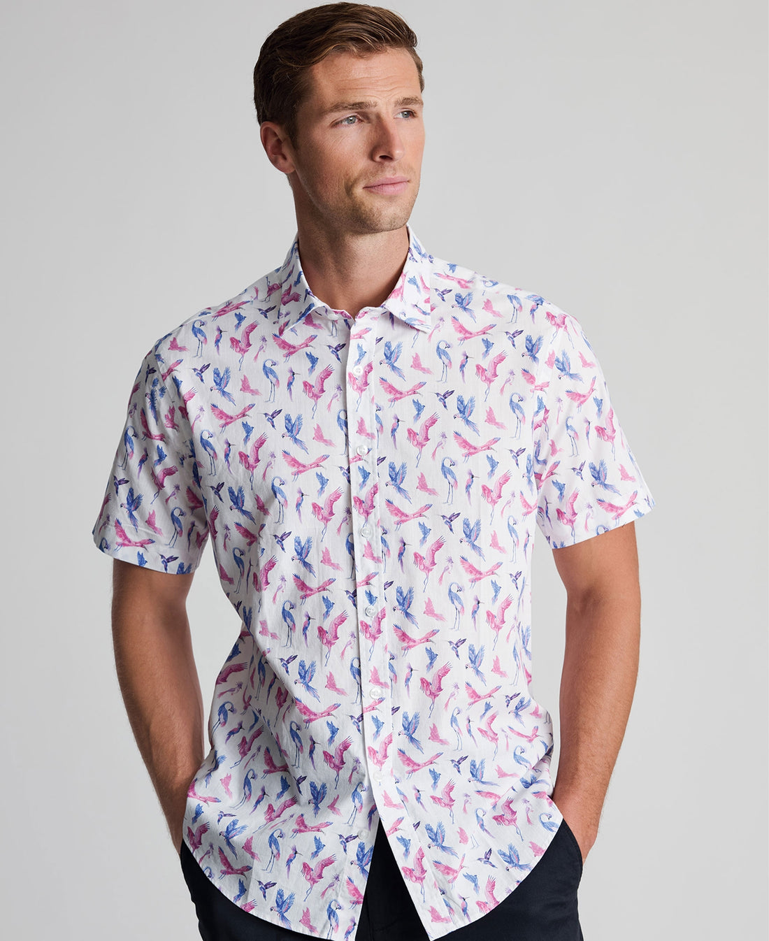 Bird Print Short Sleeve Shirt Regular Fit - Pink