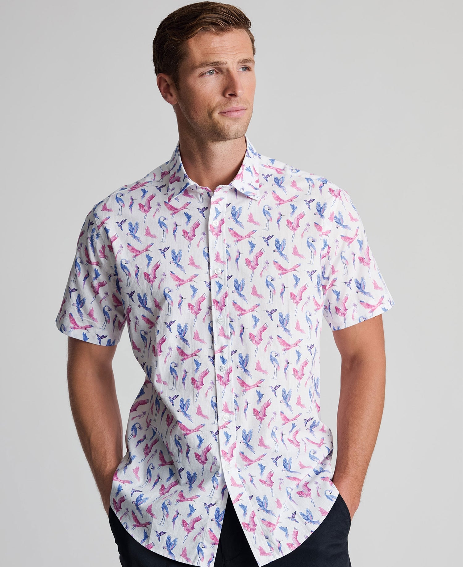 Bird Print Short Sleeve Shirt Regular Fit - Pink