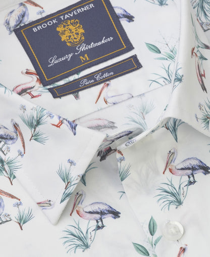 Pelican Print Cotton Shirt Regular Fit - White