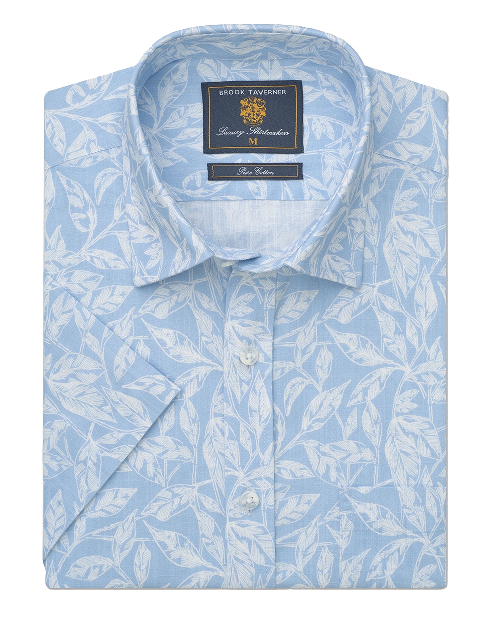 Botanical Leaf Print Slub Cotton Short Sleeve Shirt - Sky Blue
