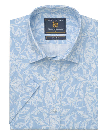Botanical Leaf Print Slub Cotton Short Sleeve Shirt - Sky Blue