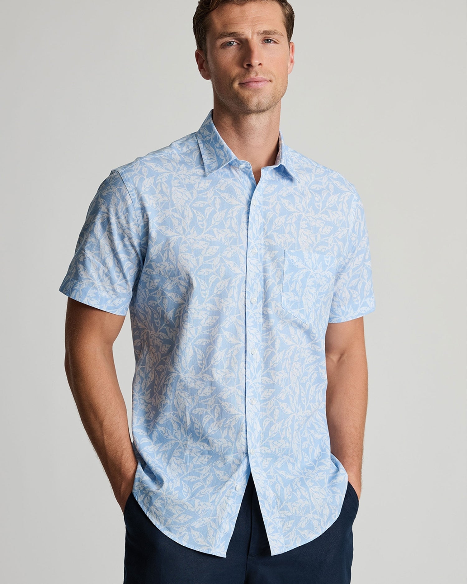 Botanical Leaf Print Slub Cotton Short Sleeve Shirt - Sky Blue