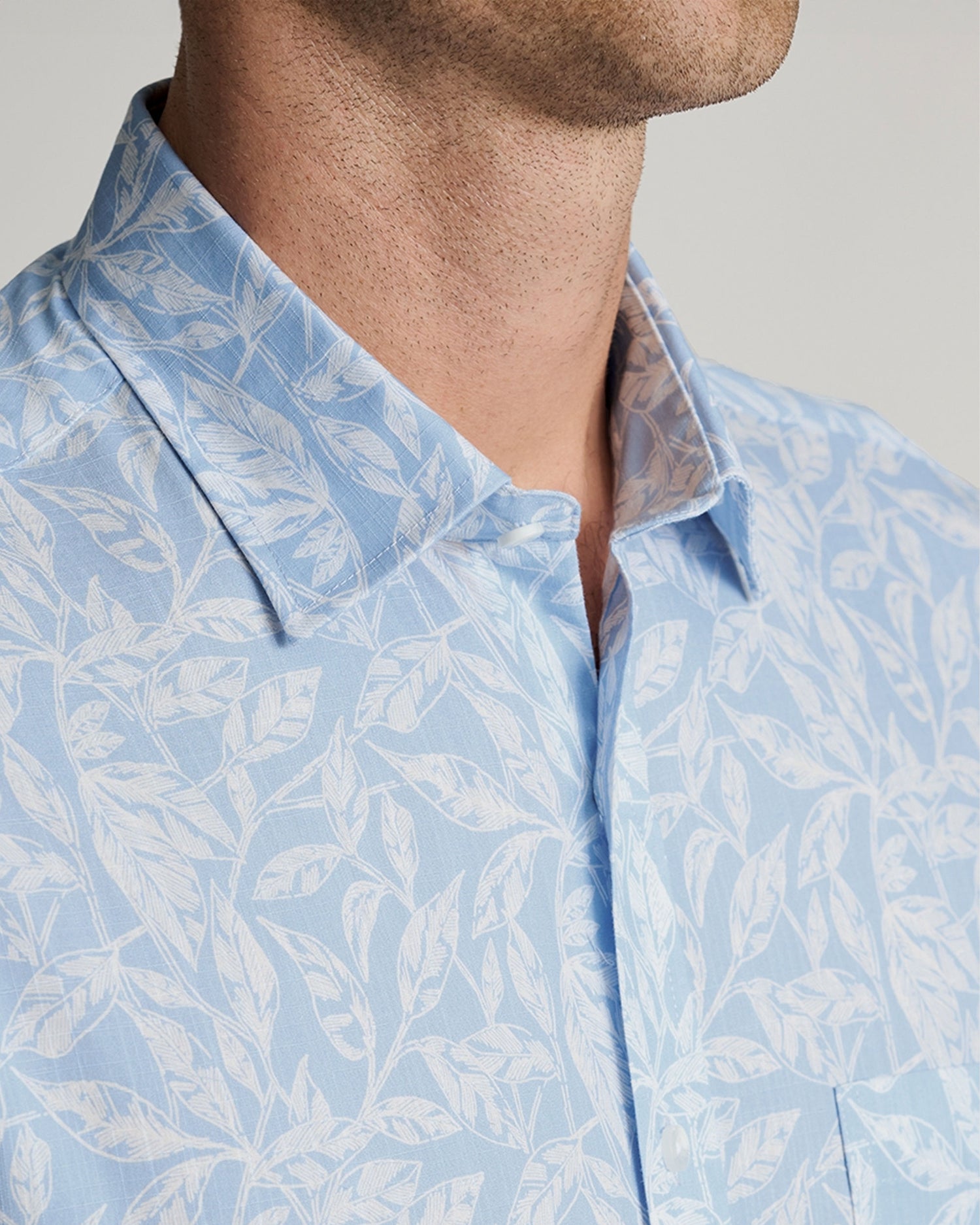 Botanical Leaf Print Slub Cotton Short Sleeve Shirt - Sky Blue