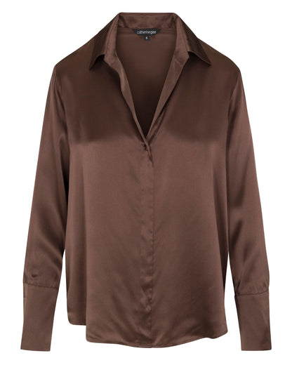 Daria French Cuff Silk Blouse - Coffee