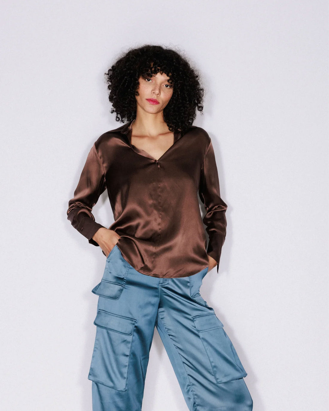 Daria French Cuff Silk Blouse - Coffee