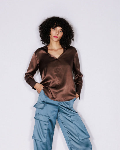 Daria French Cuff Silk Blouse - Coffee