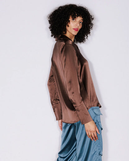 Daria French Cuff Silk Blouse - Coffee