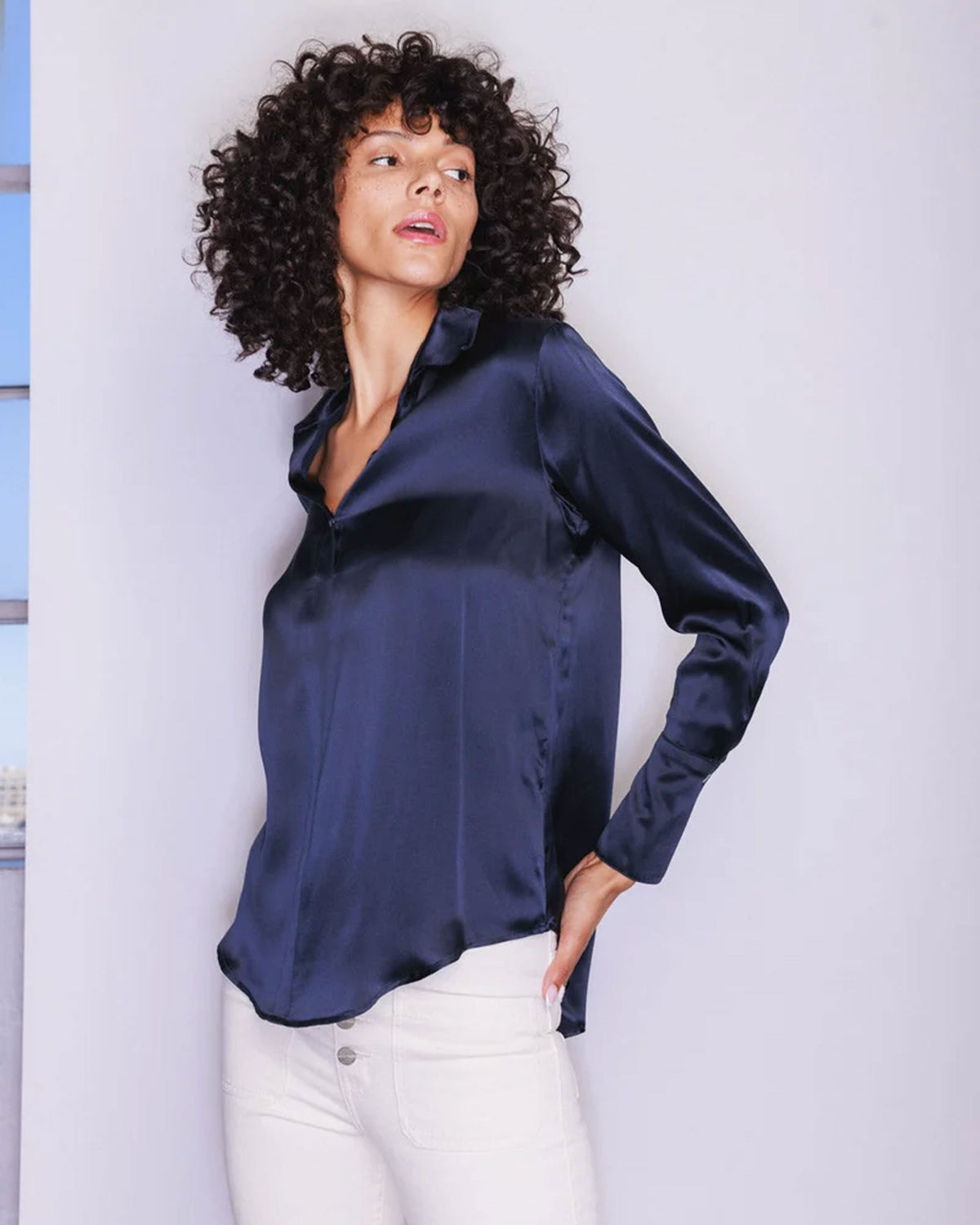 Daria French Cuff Silk Blouse - Midnight Navy
