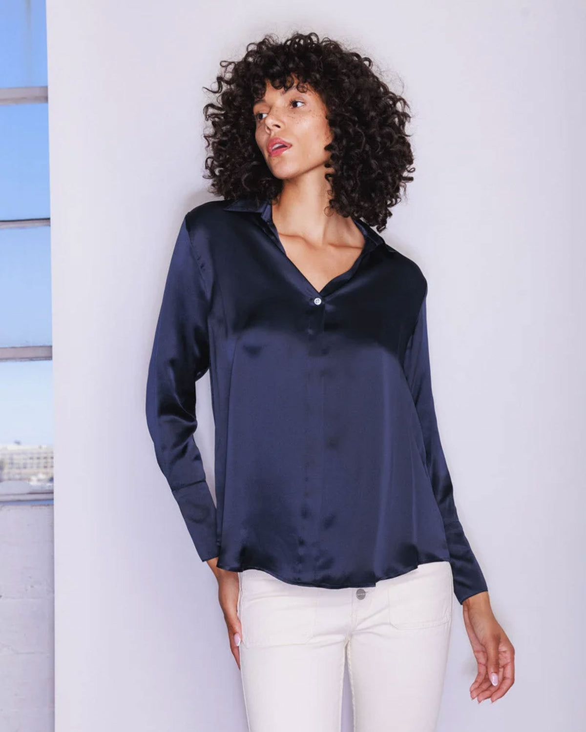 Daria French Cuff Silk Blouse - Midnight Navy