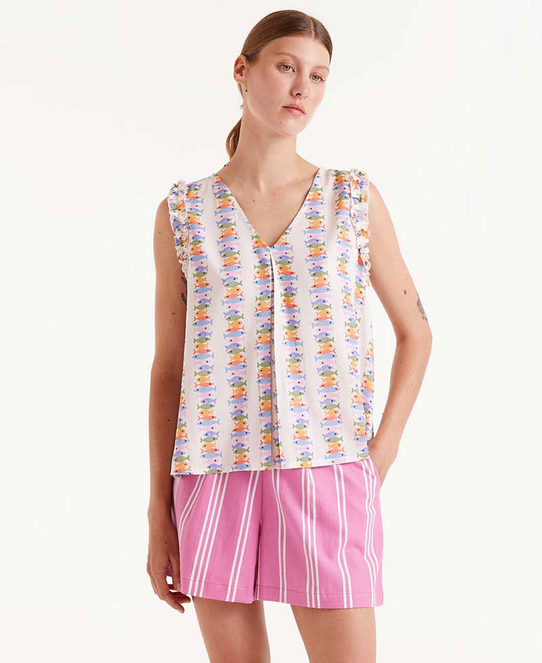 Rayon Top With Marina Print - Conversational