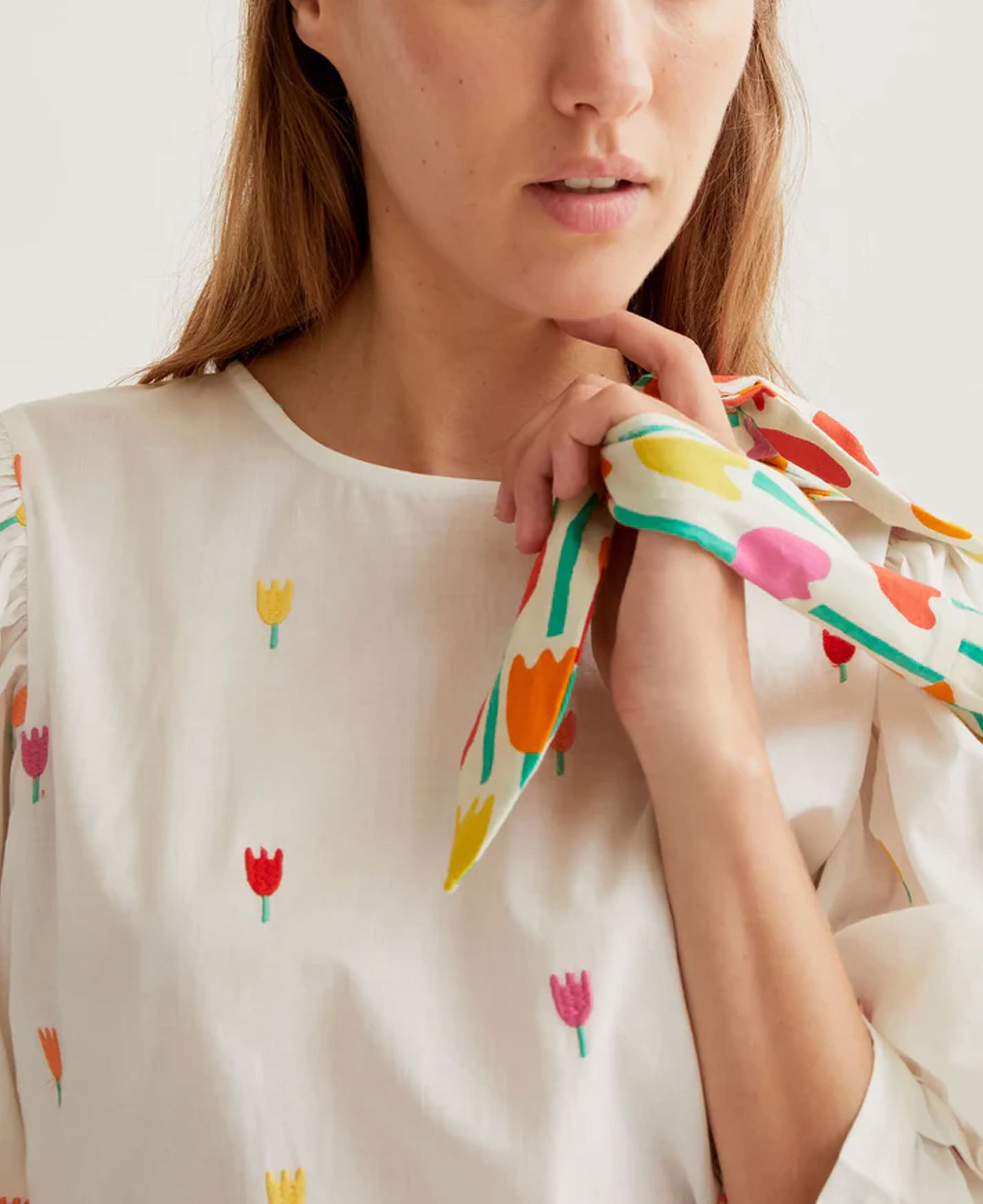 Multi Tulip Cotton Top - Ecru
