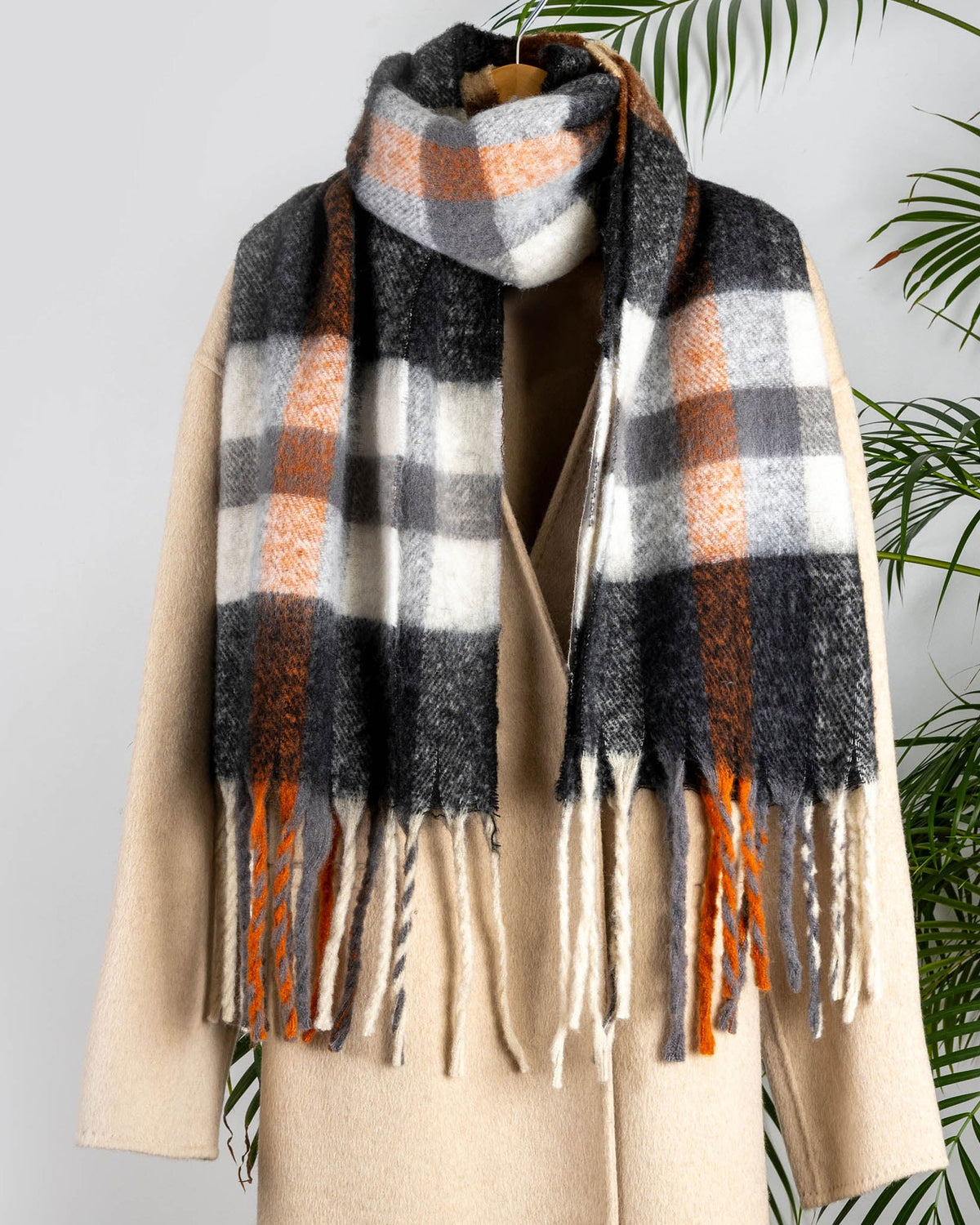 Check Scarf With Tassel Ends - Charcoal/Chocolate
