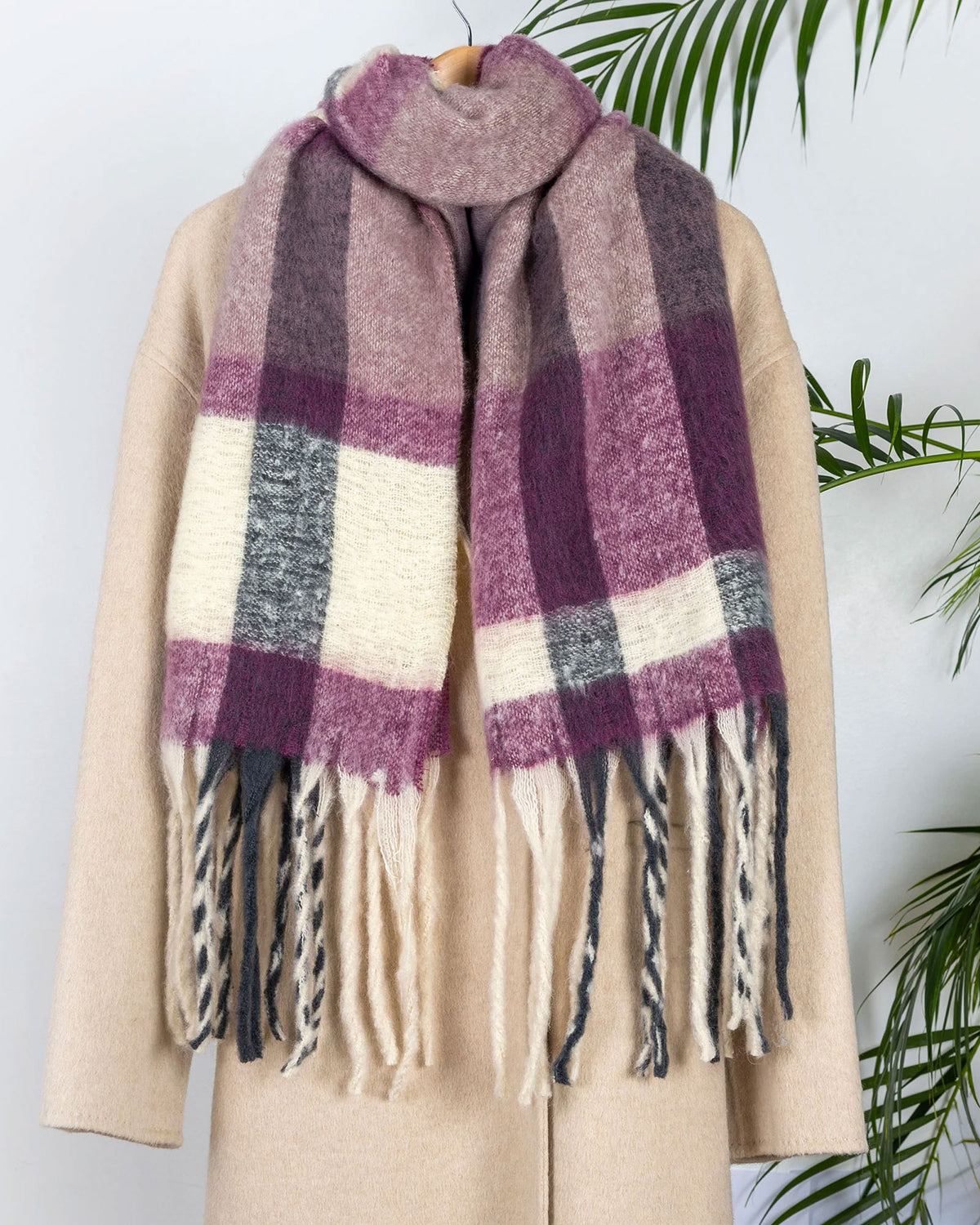 Check Blanket Scarf With Tassel Ends - Damson