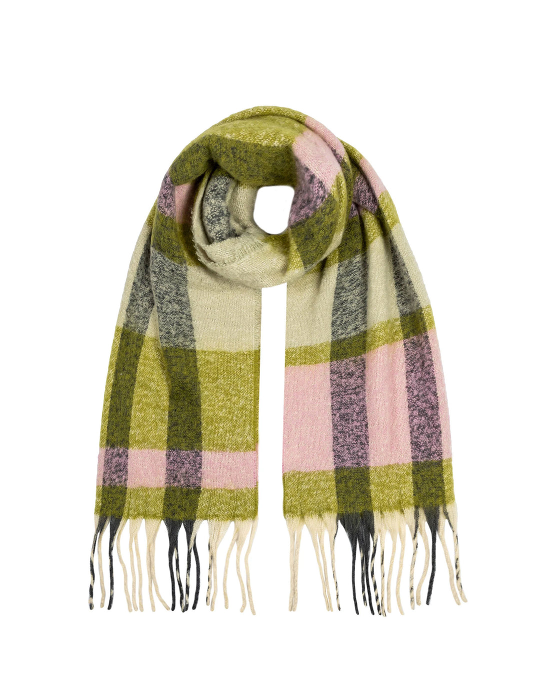Check Blanket Scarf With Tassel Ends - Olive