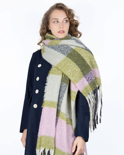 Check Blanket Scarf With Tassel Ends - Olive