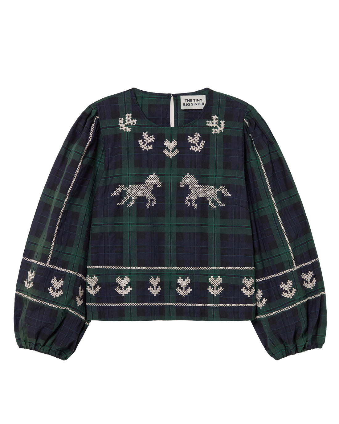 Embroidered Check Puff Sleeve Blouse - Navy/Dark Green