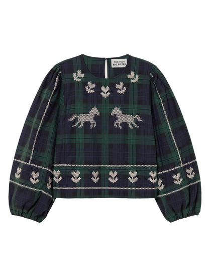 Embroidered Check Puff Sleeve Blouse - Navy/Dark Green