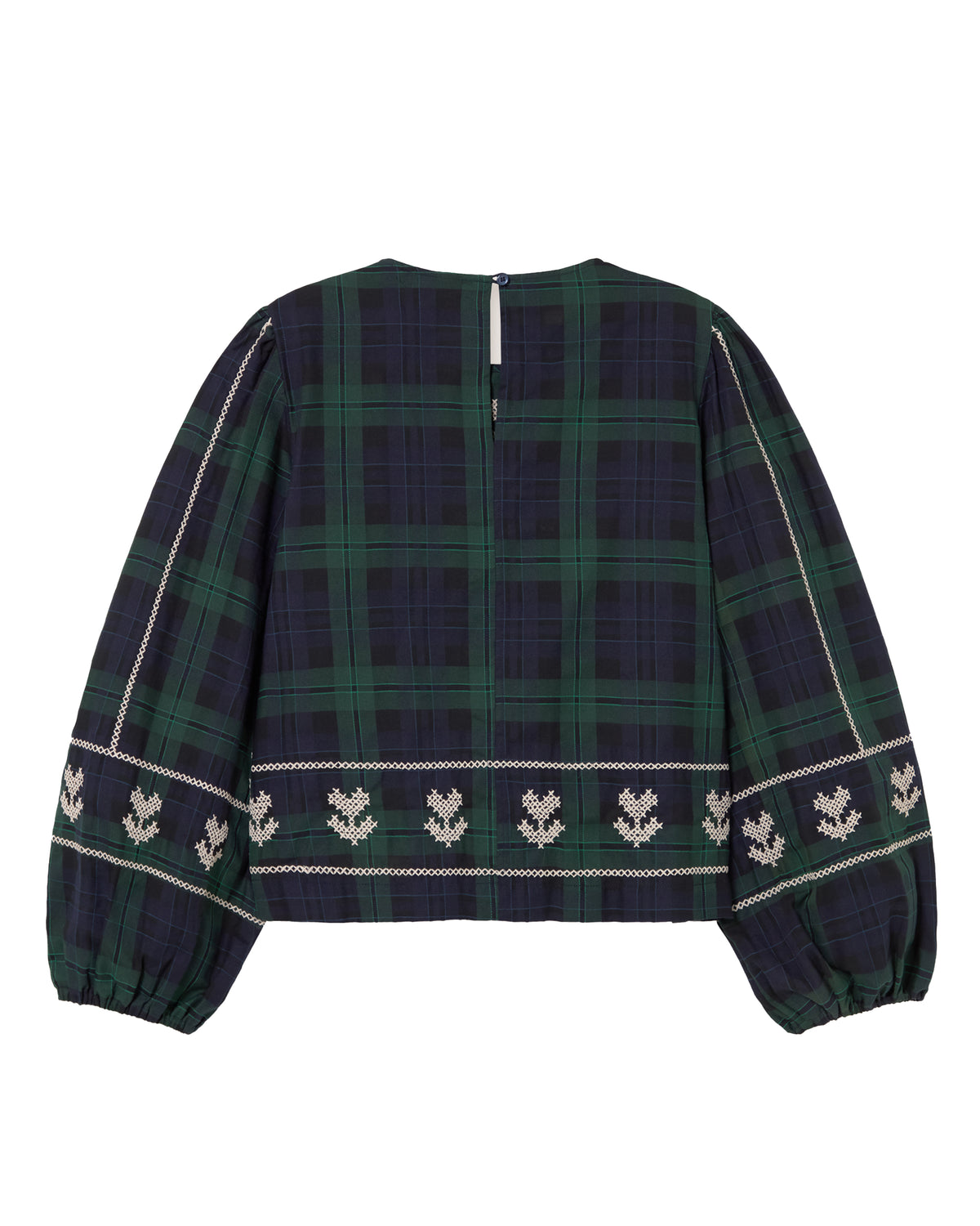 Embroidered Check Puff Sleeve Blouse - Navy/Dark Green