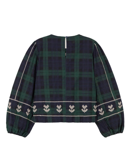 Embroidered Check Puff Sleeve Blouse - Navy/Dark Green