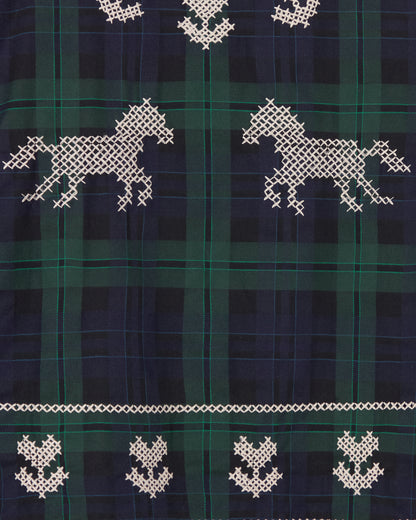 Embroidered Check Puff Sleeve Blouse - Navy/Dark Green