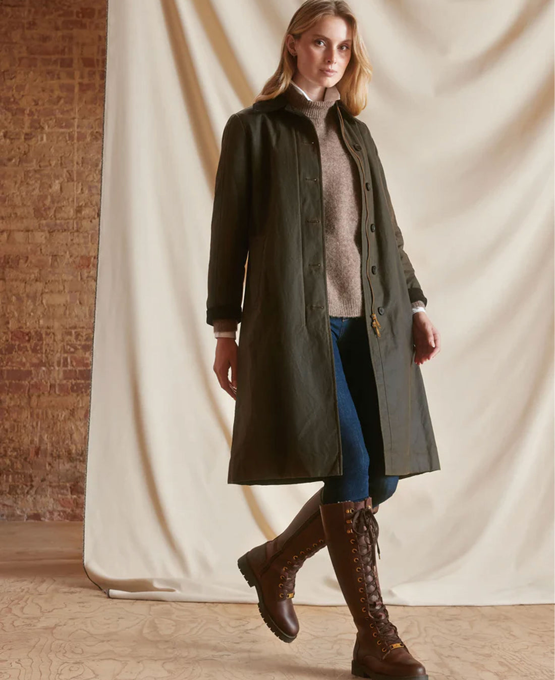 Edith Wax Longline Coat - Khaki