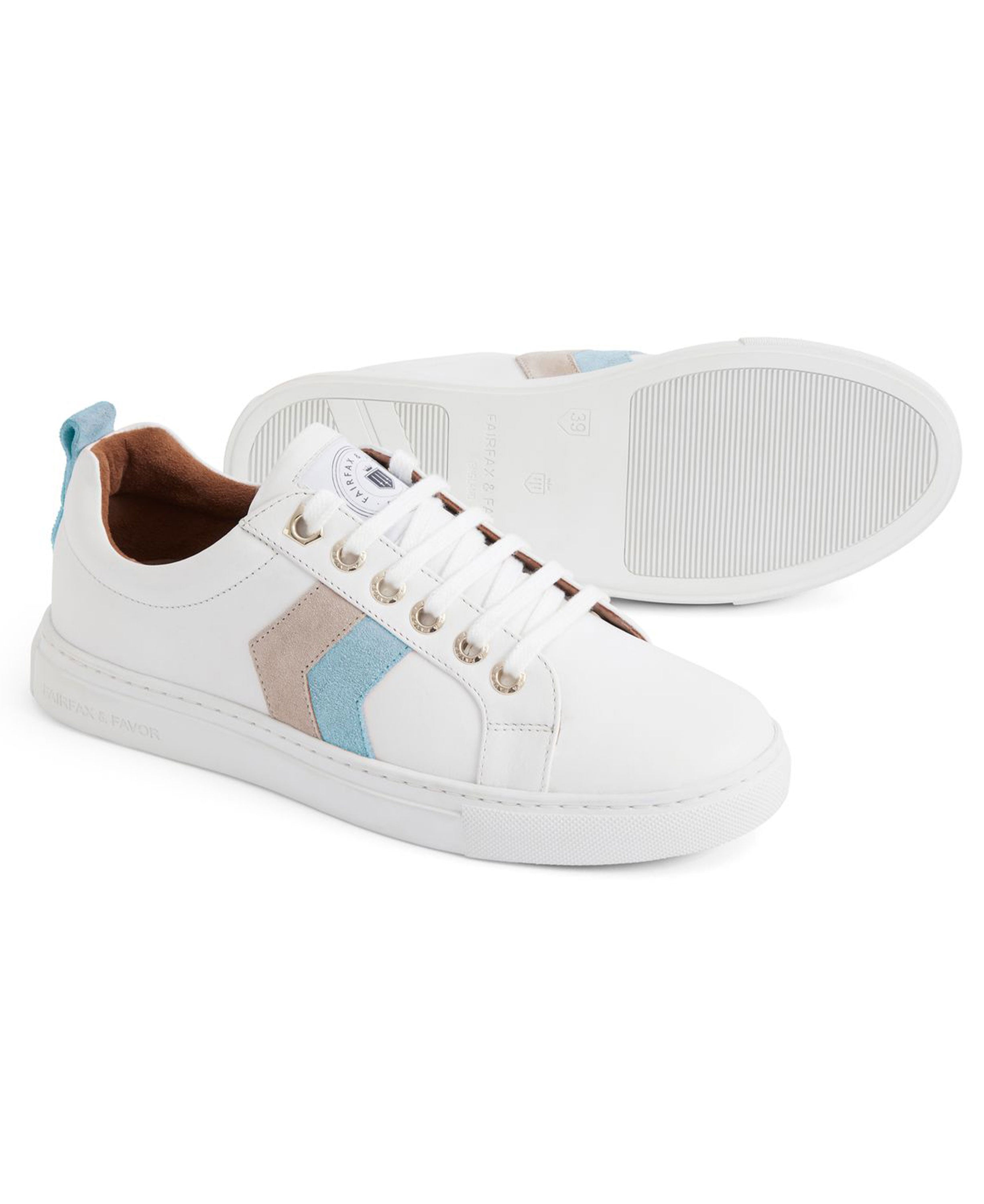 Alexandra Trainer - White Leather With Sky Blue/Stone