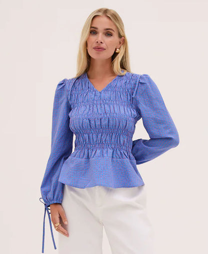 Georgia Smocked Blouse - Pink/Blue