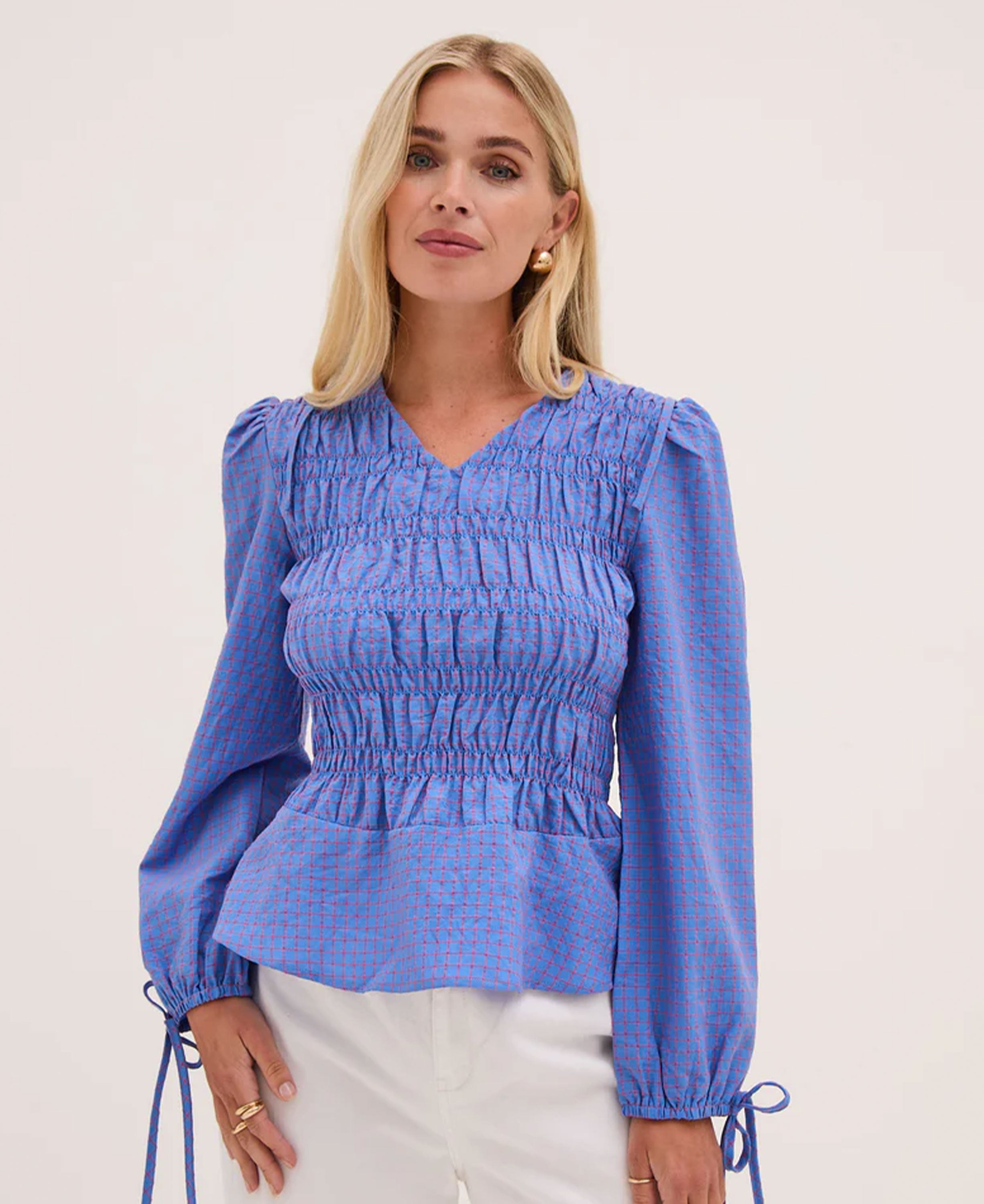 Georgia Smocked Blouse - Pink/Blue