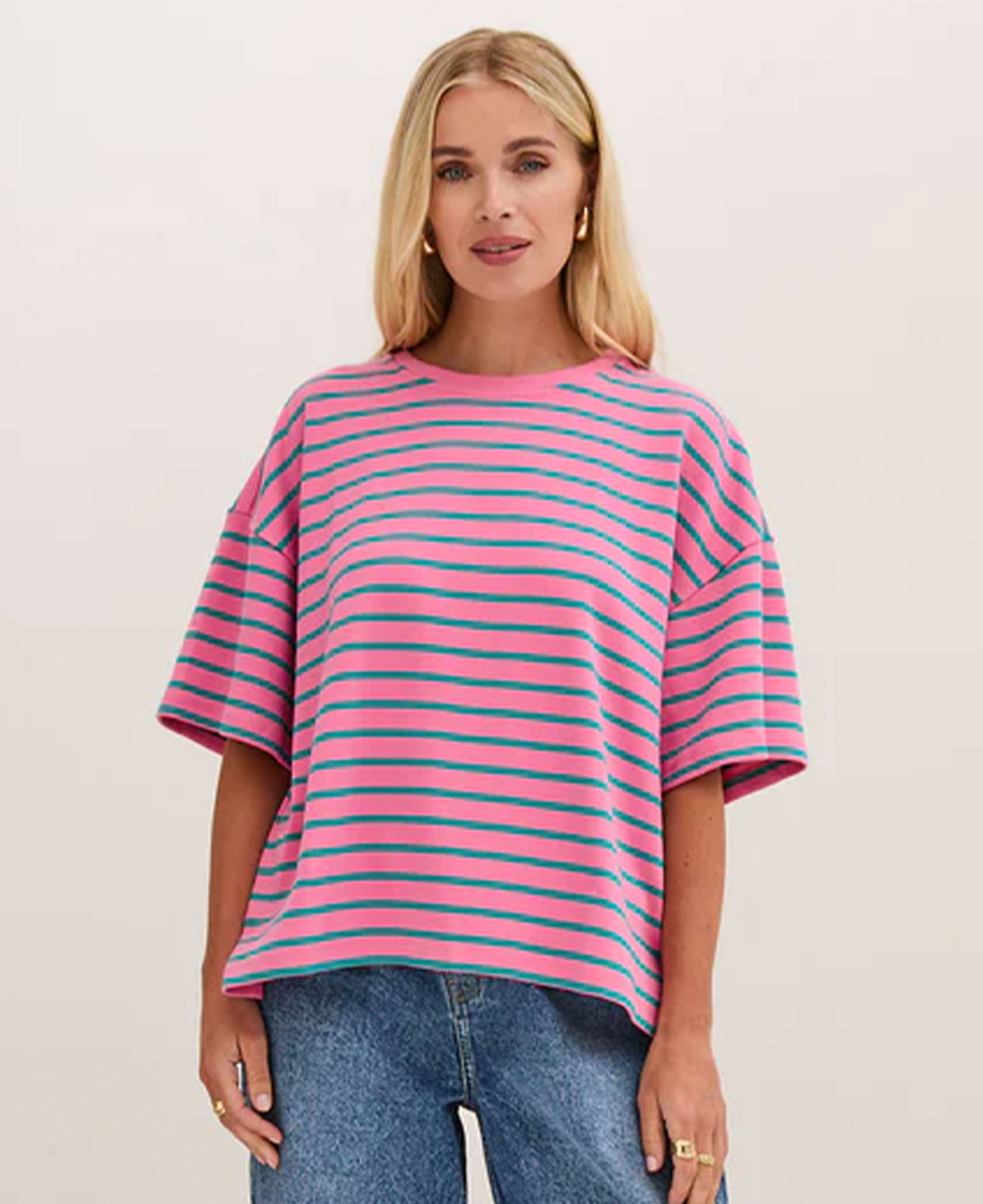 Sara V2 Oversized Stripe Top - Green/Pink