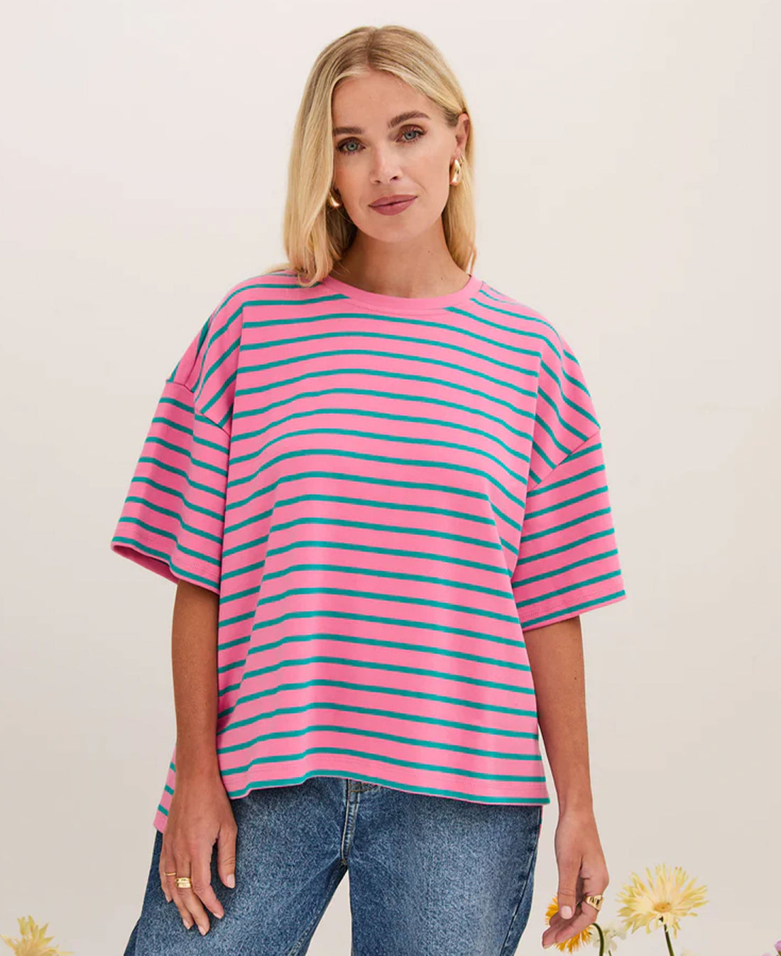 Sara V2 Oversized Stripe Top - Green/Pink