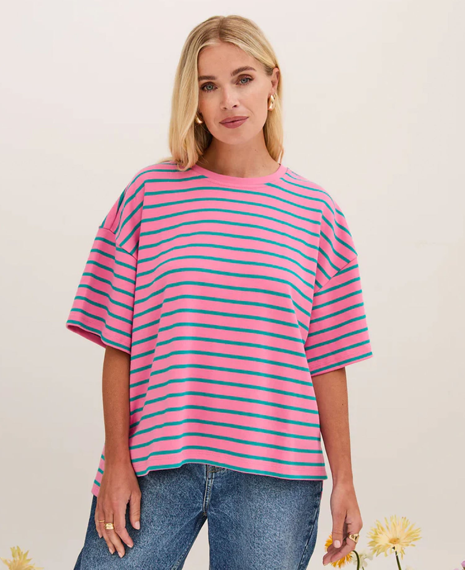 Sara V2 Oversized Stripe Top - Green/Pink