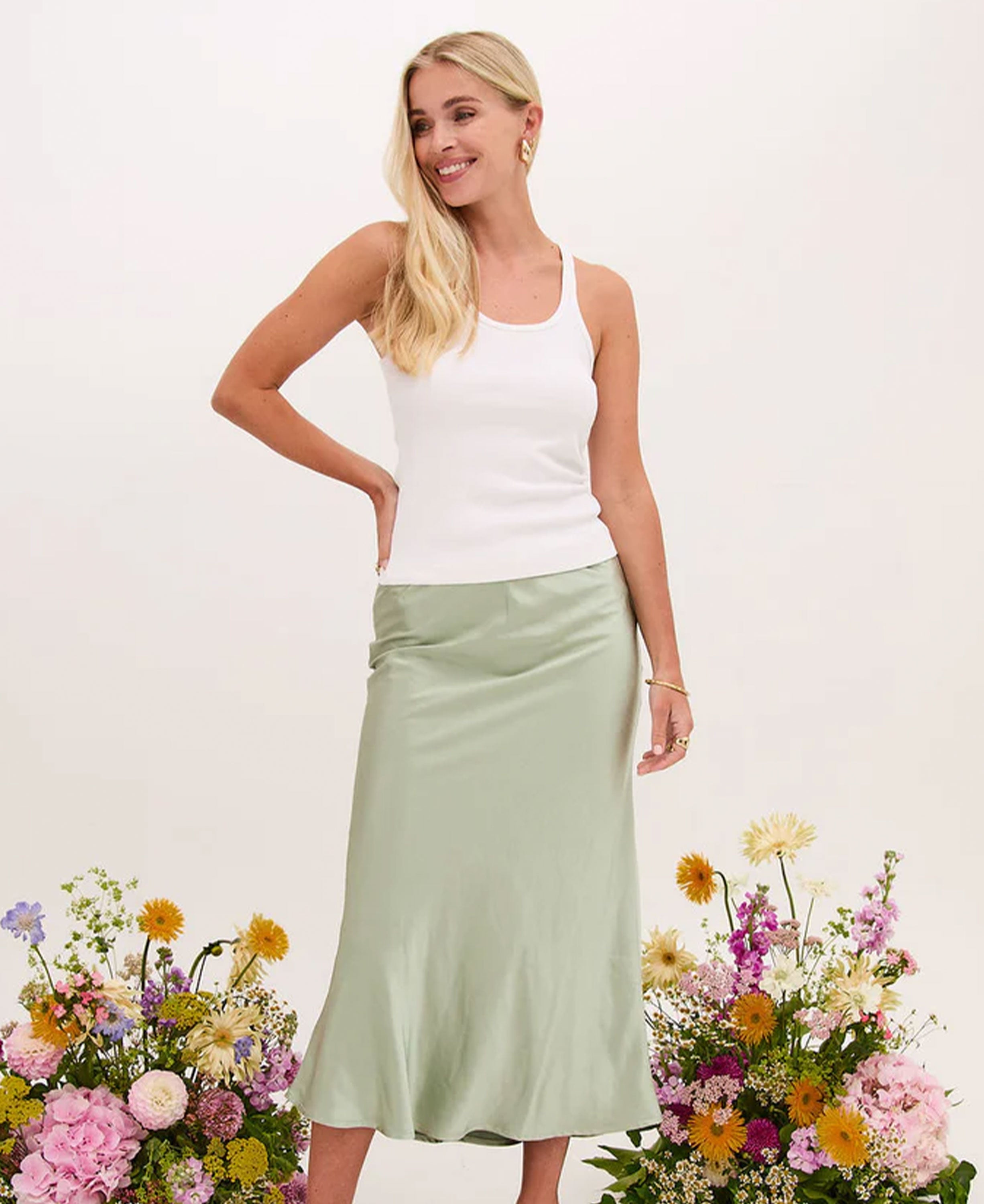 Angel Satin Midi Skirt - Sage