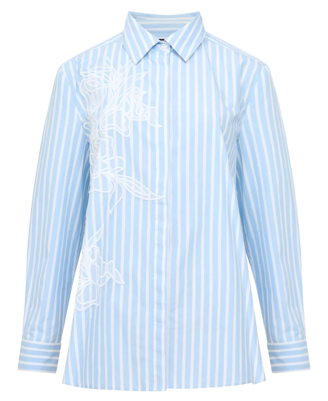 Cambria Cotton Embroidered Floral Stripe Shirt - Arctic Blue/Linen White