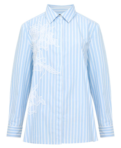 Cambria Cotton Embroidered Floral Stripe Shirt - Arctic Blue/Linen White