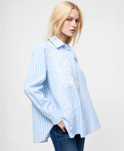 Cambria Cotton Embroidered Floral Stripe Shirt - Arctic Blue/Linen White