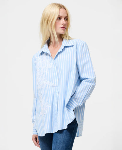 Cambria Cotton Embroidered Floral Stripe Shirt - Arctic Blue/Linen White