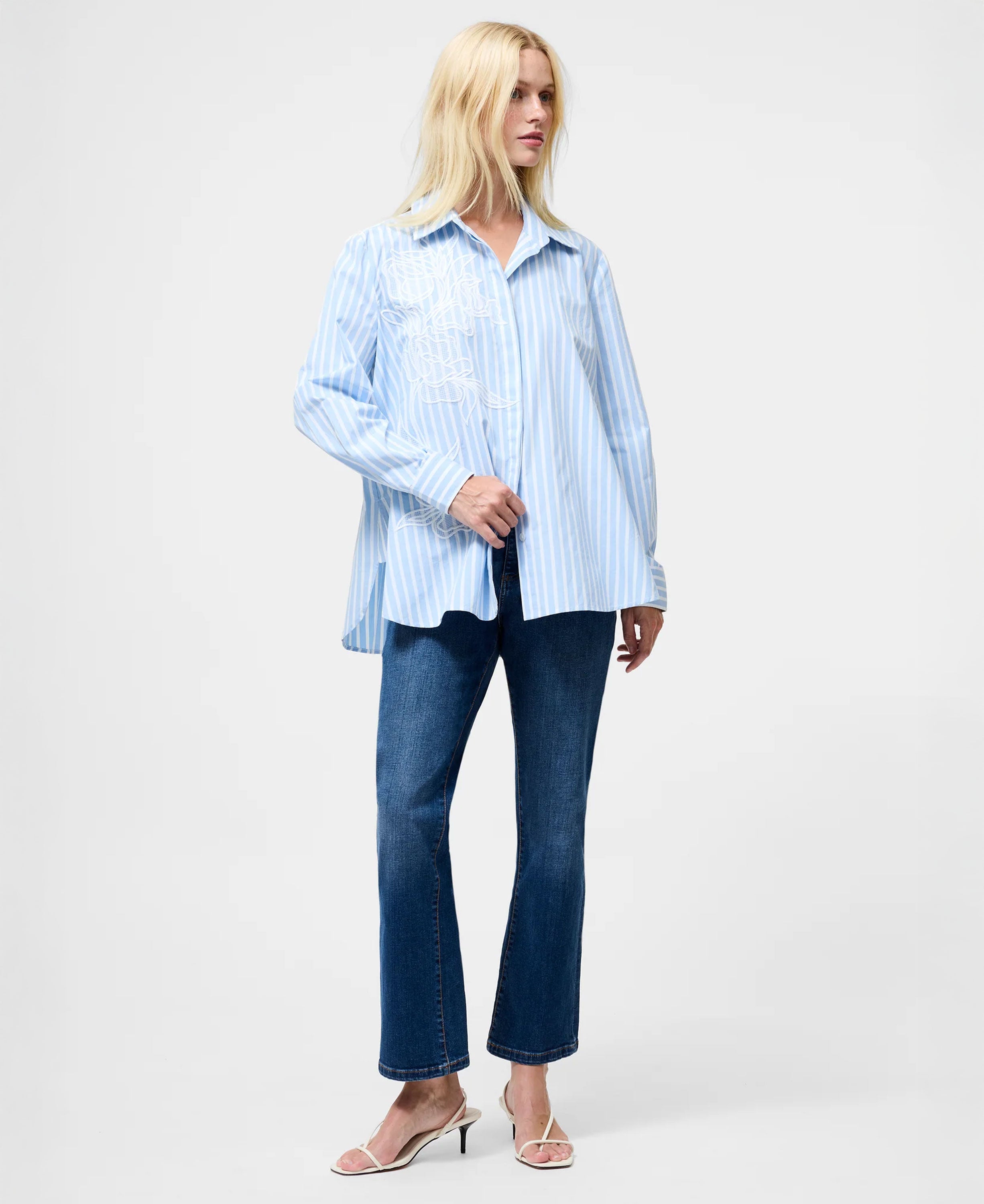 Cambria Cotton Embroidered Floral Stripe Shirt - Arctic Blue/Linen White